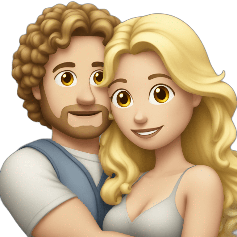 White Man with long dark curly hair hugging a blonde curvy woman emoji