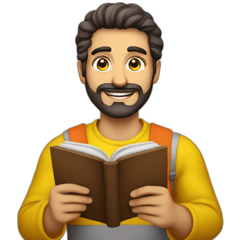 Armenian men with the yellow clothes reading book and looking at camera and smiling  emoji