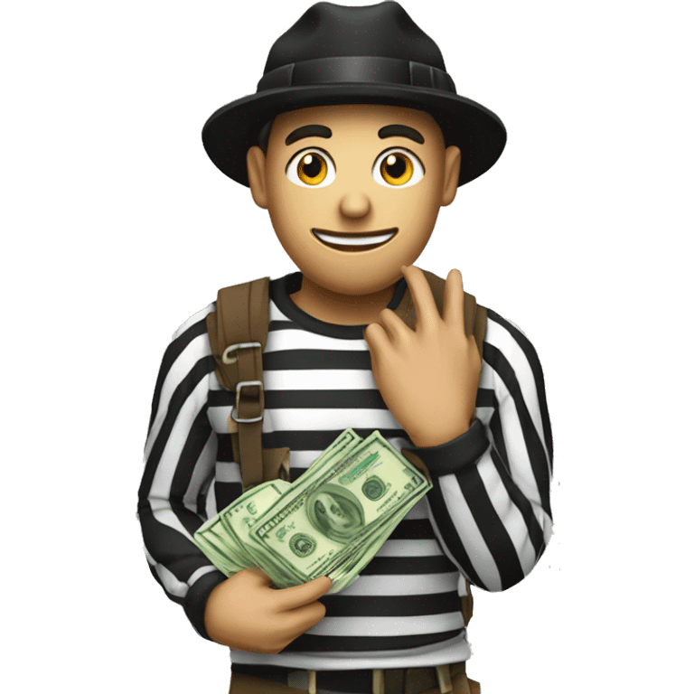 robber wearing criminal striped shirt, a black hat, holding a money sack with a dollar sign on it. emoji