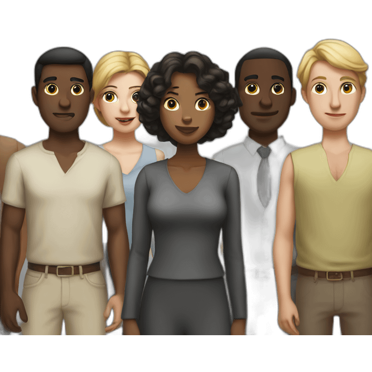 six dark-skinned men stand behind a pale woman emoji