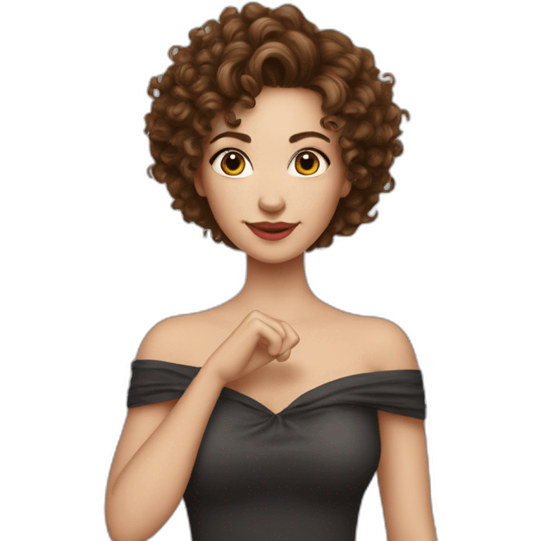 white woman-designer with brown curly hair, wears Off Shoulder Batwing Tank makes heart with her finger emoji