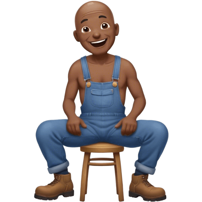 Side view Laughing telling story Old bald black man sitting on stool wearing overalls no shirt. eyes squinting emoji