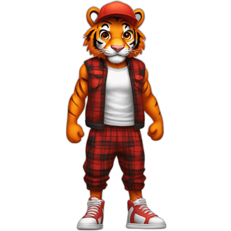 Anthropomorphic Humanoid muscular tall fuzzy male orange tiger, wearing white tanktop, red snapback cap, black sweatpants, red sneakers, red plaid cloth, happy emoji