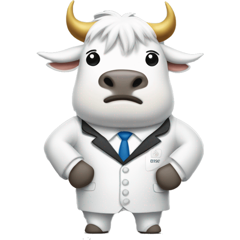 When the coin with the word Booms is turned, a white bull with a white mane and a white suit with the word Booms is standing with arms crossed. emoji