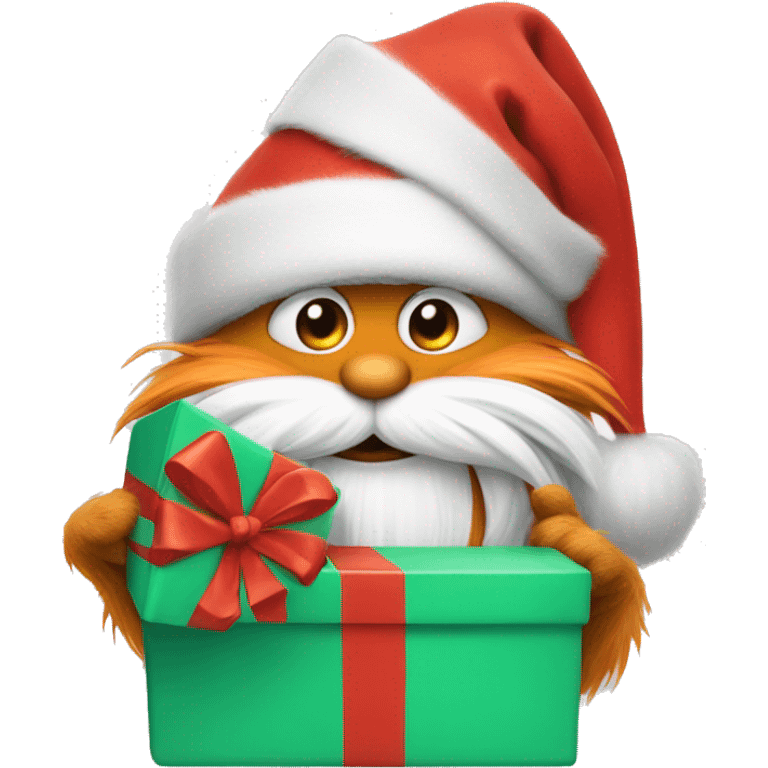 the Lorax holding a Christmas present wearing a Santa hat emoji