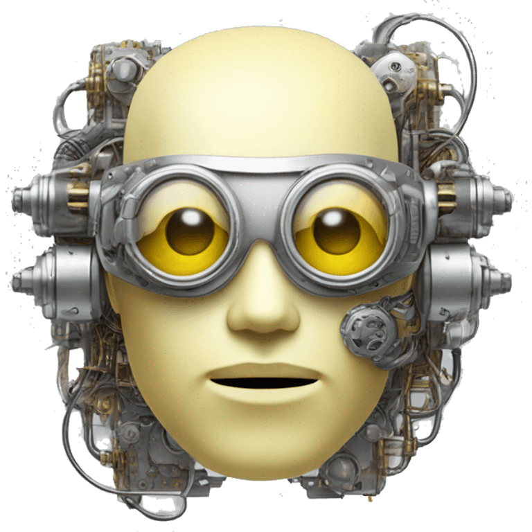 Pastel light yellow round male cyborg head with silver steampunk goggles, goatee and circuits emoji