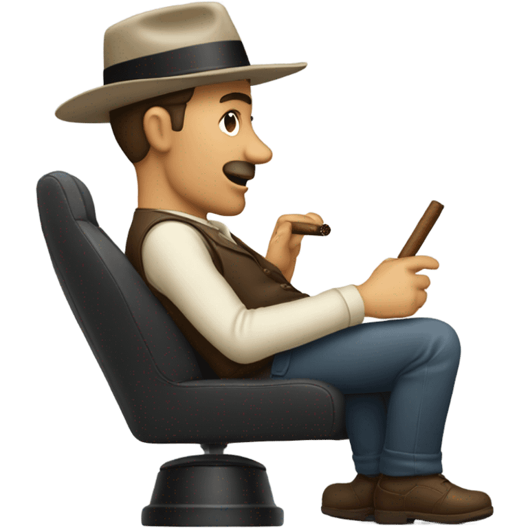 Side view of a man in the drivers seat of a car with a fedora on, smoking a cigar emoji