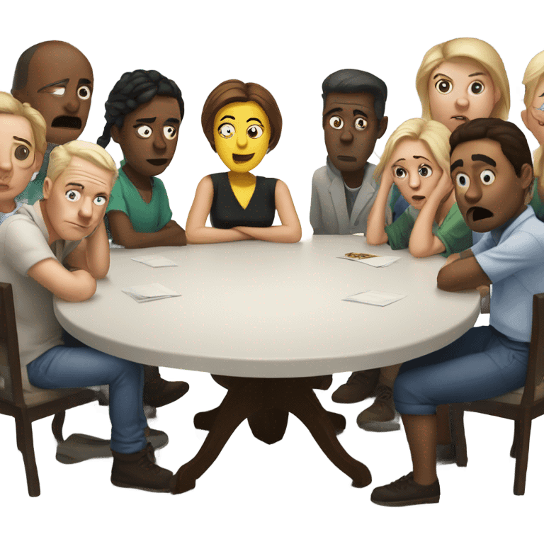 white people sitting around a table looking confused emoji