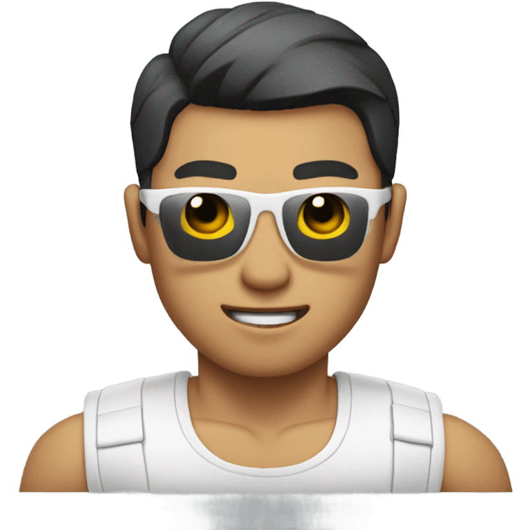 asian personal trainer short golden hair with sunglasses white vest man flexing bicep emoji