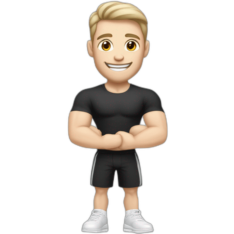 Joyful Celebrating victory Pale skinned Fit Man With the biceps and dark brown hair in black shirt, gray sports shorts and white Sneakers emoji