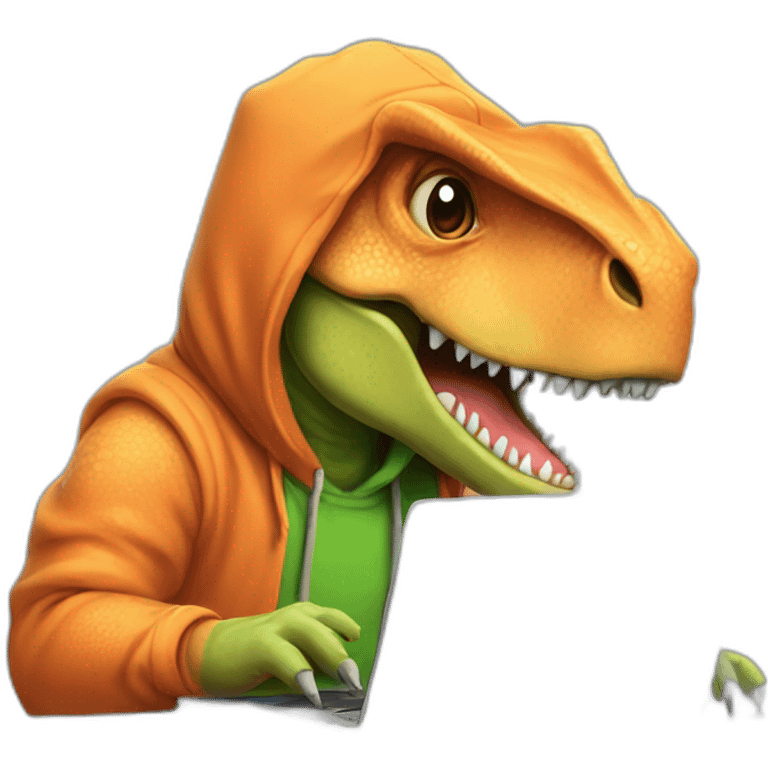 dinosaur working on a laptop with a hoodie emoji