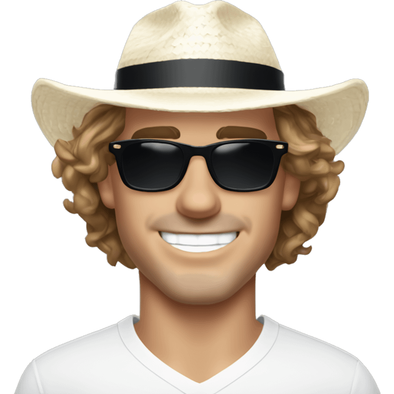 Antoine Griezmann close face smiling wearing a white elegant shirt, a staw panama hat and black sunglasses.  emoji