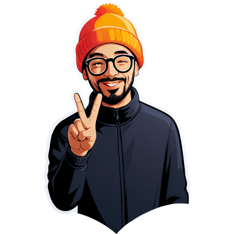 Man with glasses and beanie making peace sign emoji