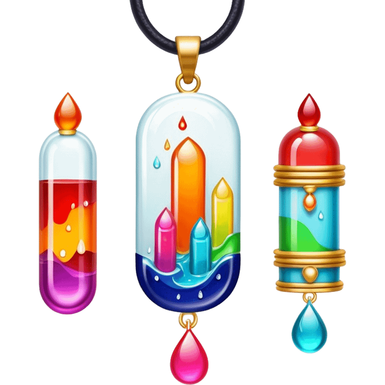 Create an icon that represents decorative arts using epoxy resin in tubes. The design should feature colorful tubes of resin, including fluorescent resin tubes, with visible drops or strokes of resin being applied to create intricate designs. Include examples of finished resin jewelry or decorative pieces, such as pendants, rings, or abstract art. The composition should feel vibrant and artistic, highlighting the creative and glowing nature of resin crafting. The background should be transparent. emoji