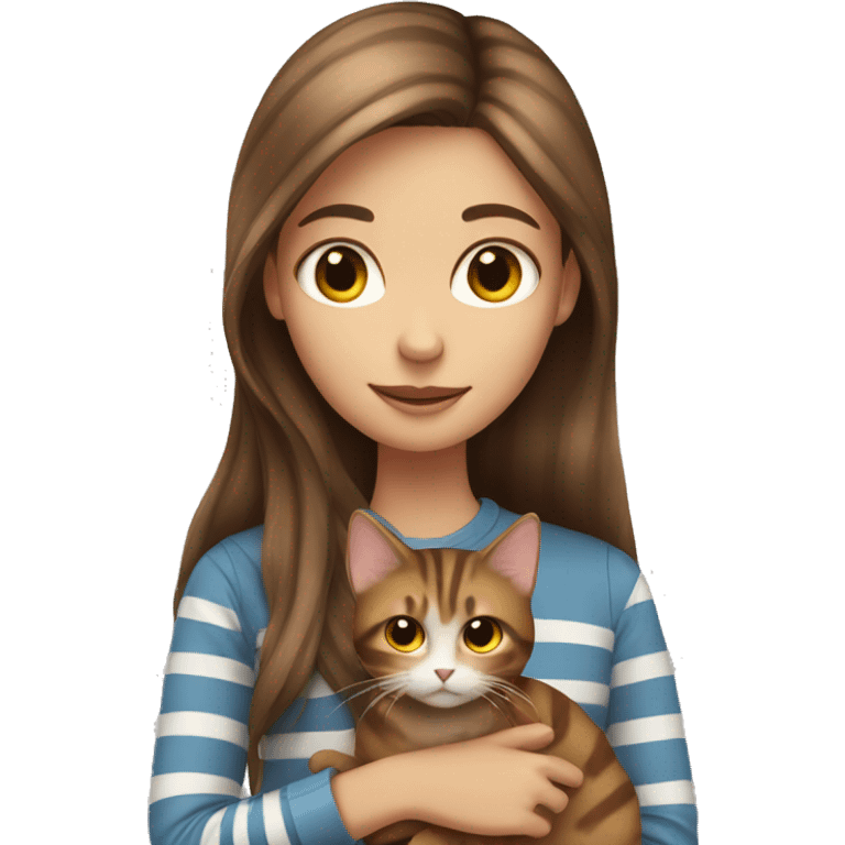 Girl with long brown hair holding a striped cat emoji