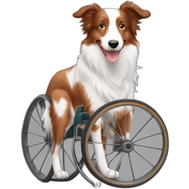 white and light bronze speckled face red merle border collie in orange wheel chair emoji