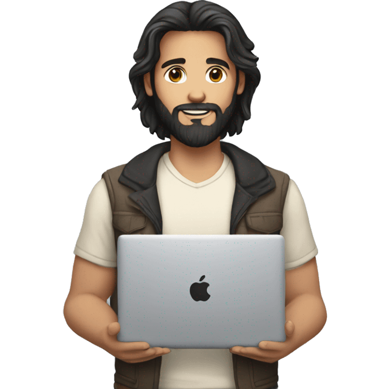 white young man with black beard an long hair and a macbook in her hand emoji