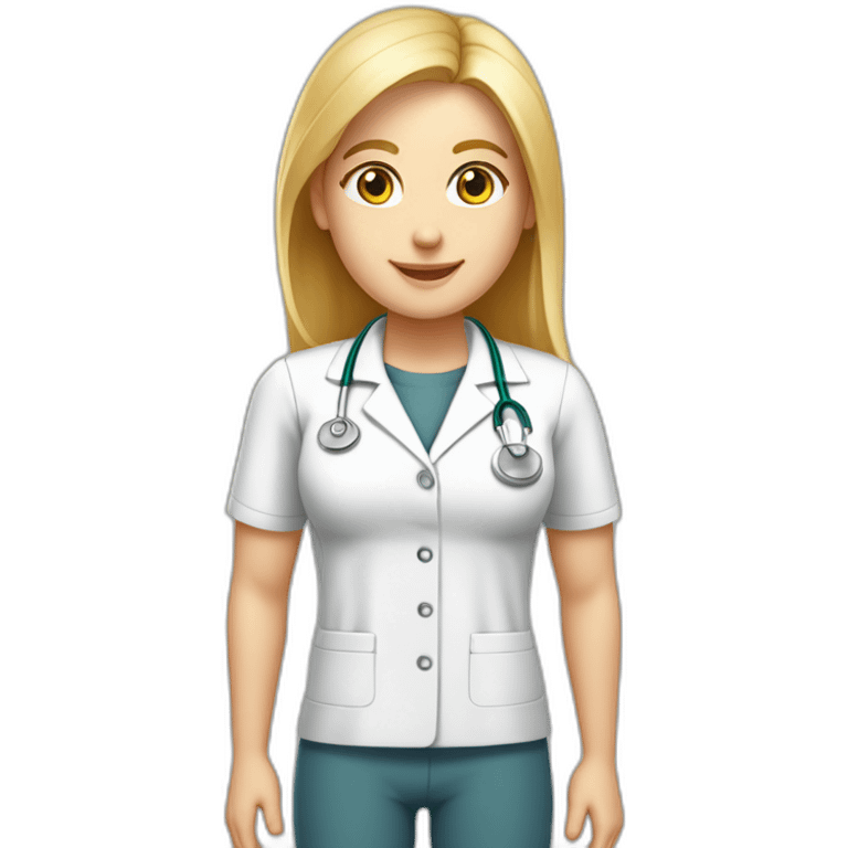 Crea un avatar de medio cuerpo de una nutricionista rubia con ojos grandes y de color gris, cara fina, pelo rubio y largo, ojos grises, uniforme blanco, no incluí ningún elemento médico  emoji