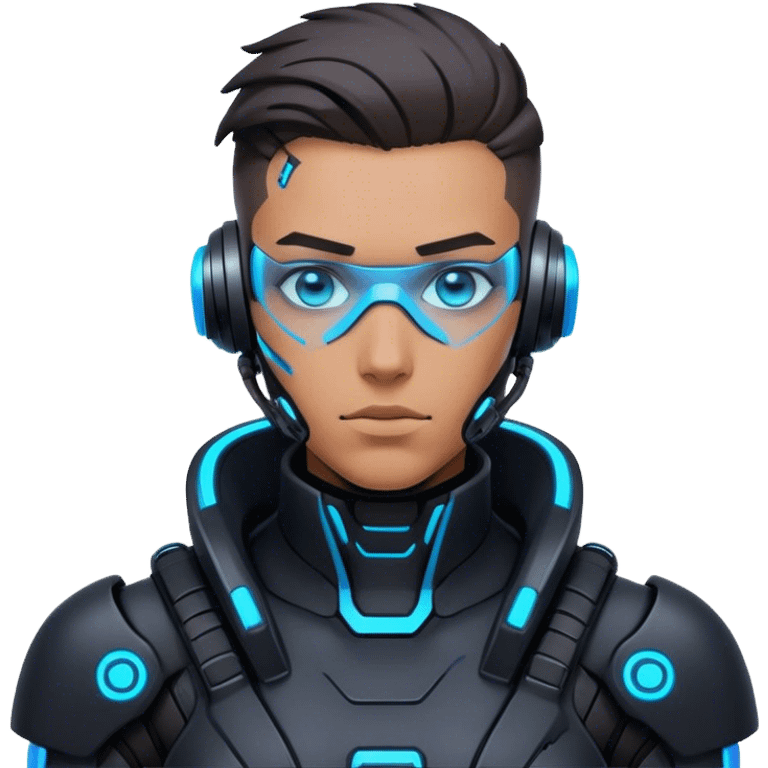 A futuristic cyberpunk soldier, black exosuit, neon blue accents emoji