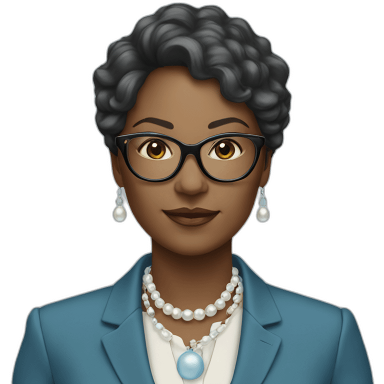 black woman ceo, glasses, skyblue blazer, pearl necklace emoji