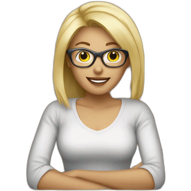 blonde woman with glasses on sofa with computer emoji