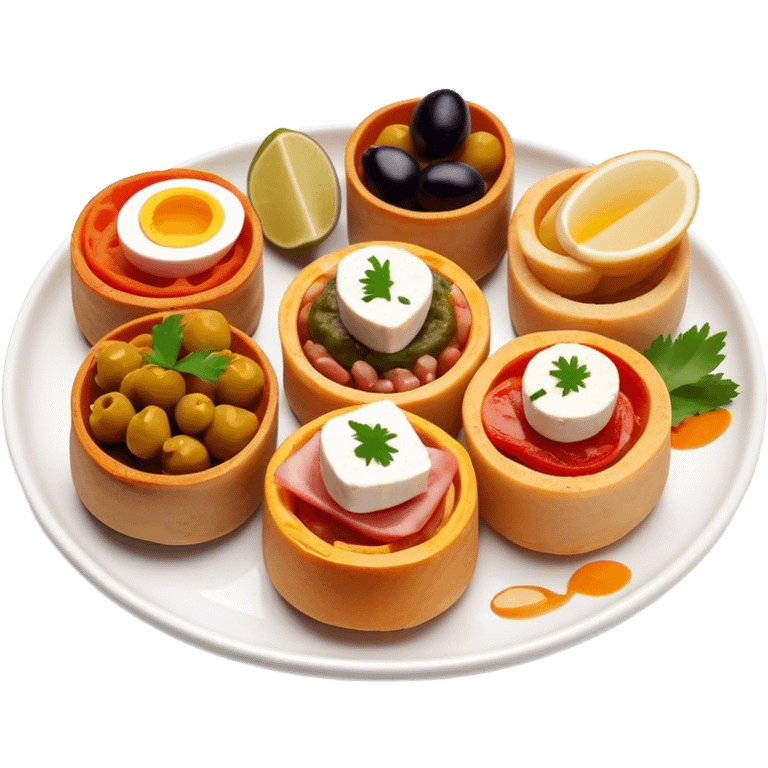 Tapas (4 Pintxos) Cinematic Realistic Tapas Dish Emoji, depicted as an assortment of 4 pintxos elegantly arranged on a plate, rendered with lifelike textures and vibrant, inviting lighting. emoji