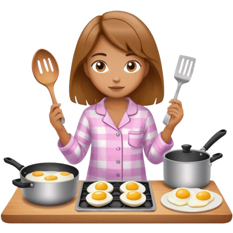 Young girl wearing pajamas and cooking eggs. emoji