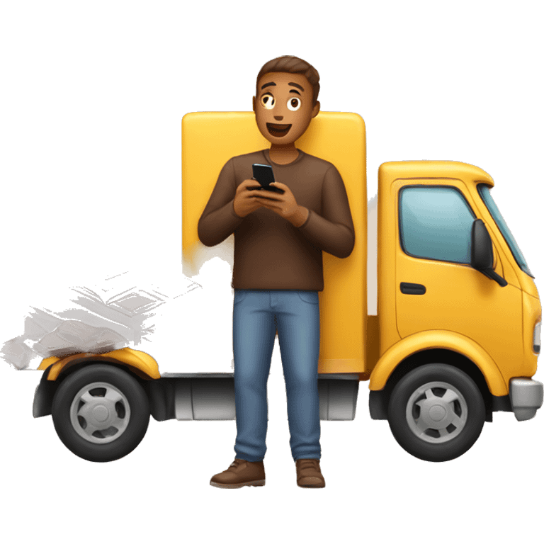 guy eating a chocolate with phone in hand by a truck emoji