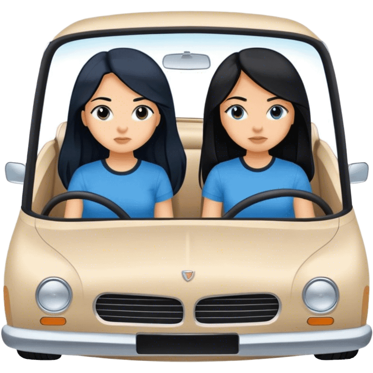 Two girls both with black long hair one with a blue shit one with a black shirt in a white car driving to a destination emoji