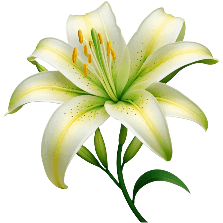 Cinematic Realistic Lily Emoji, Elegant and fragrant, with soft, white petals curling delicately around a golden-yellow stamen at its center. The long, slender green stem stands tall, supporting the vibrant bloom with its slightly curled tips. Soft glowing outline, capturing the essence of purity, elegance, and grace in a striking lily. emoji