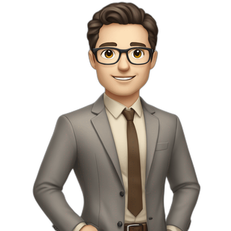 Pale skinned fit man with dark brown hair in gray jacket, beige office shirt, brown tie, brown pants and vintage glasses Writing on the flipchart emoji