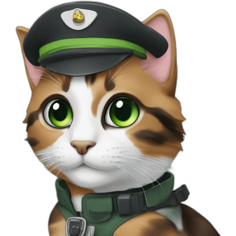 black, brown and grey calico cat with green eyes dressed as a pilot emoji