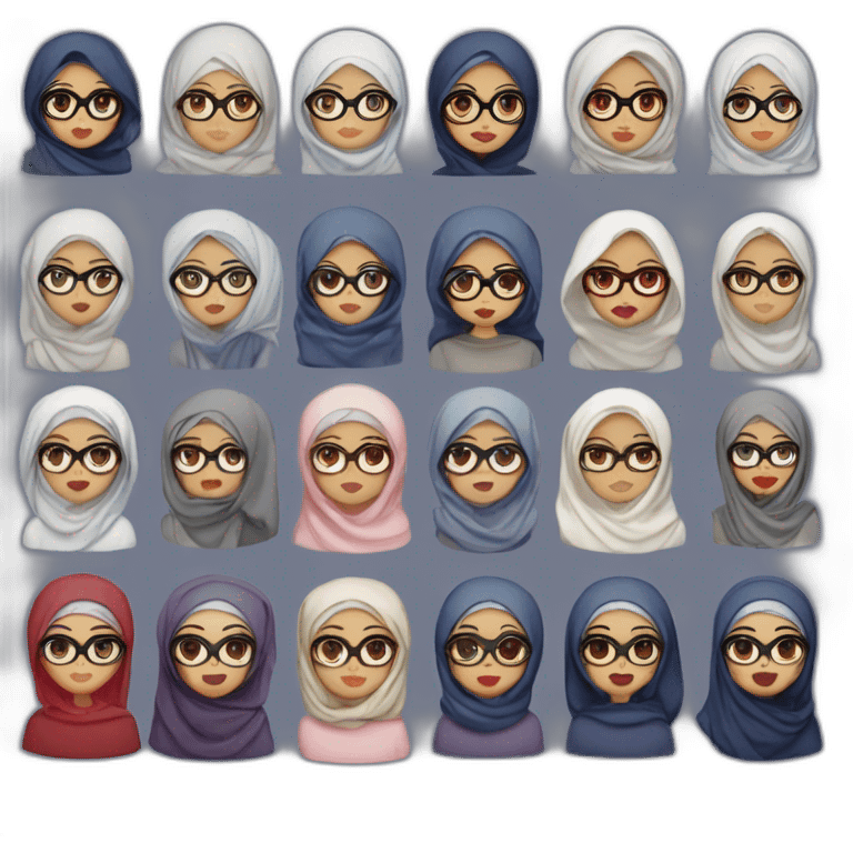 Hijabi one girl white skin , dark iris , midnight blue glasses tiny nose , pulpy lips red , almond eyes , emoji