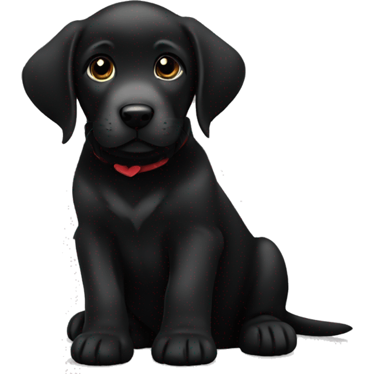 sitting black labrador puppy is holding a heart emoji