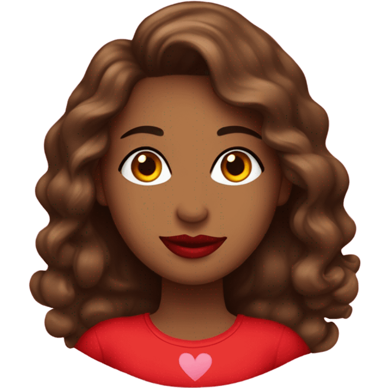 brown lady, medium brown long wavy hair, bright red lips, eyelashes, wearing red “happy Valentine’s Day” t shirt emoji