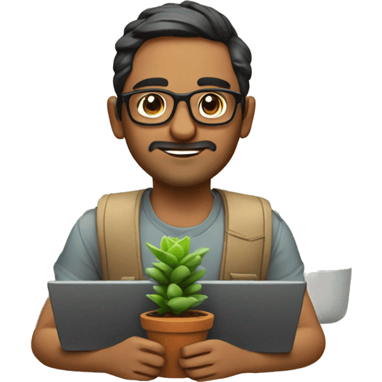 An indian developer with specs, laptops and succulent plants  emoji