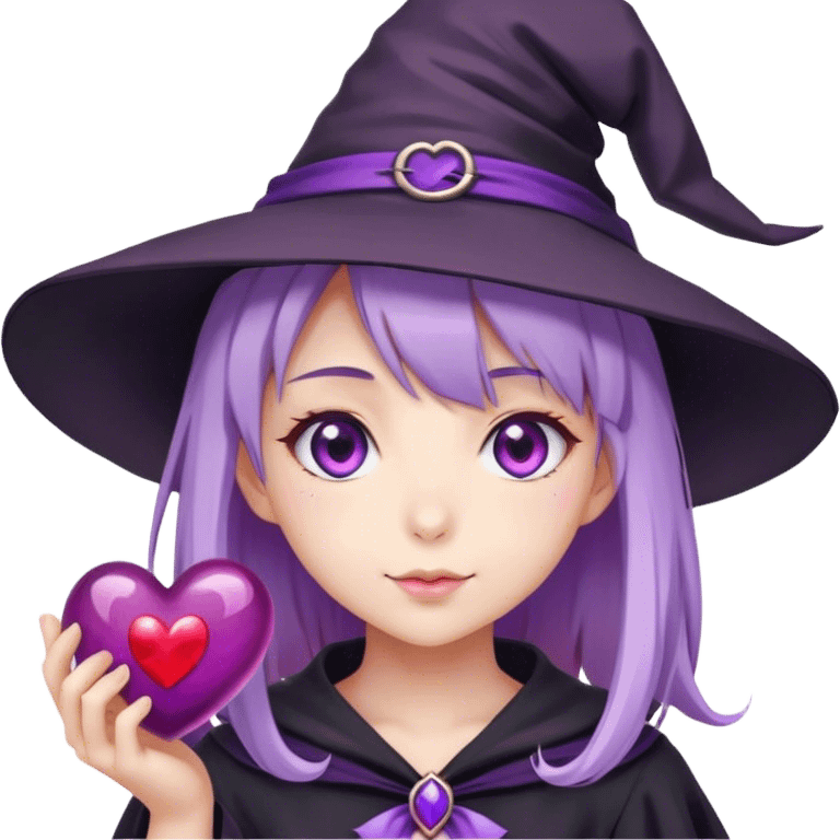 anime girl with lilac hair in a witch hat holding a purple heart emoji