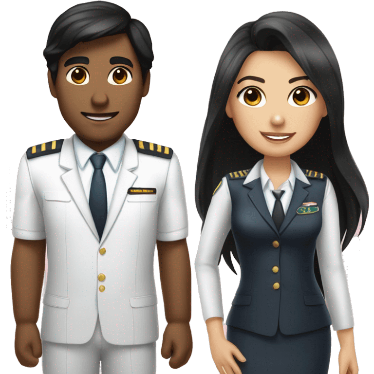 Flight attendant with long black hair and white skin with a pilot man with light tan skin and black hair emoji