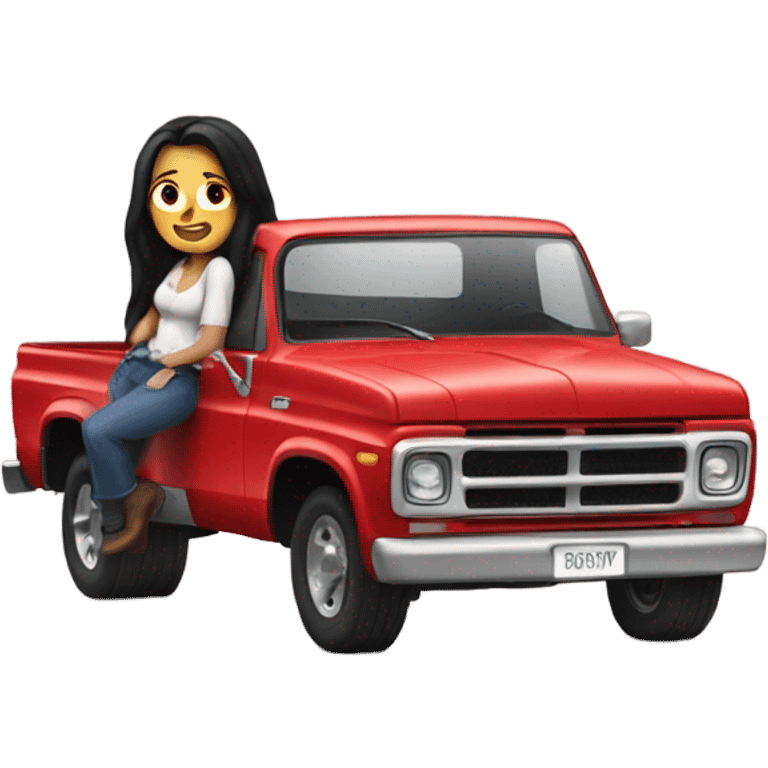 A white lady with long black hair, driving an older red pick up truck emoji