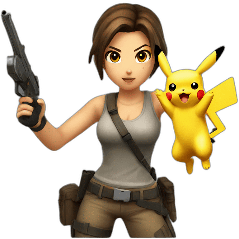 Lara Croft Gunfight with Pikachu realistic emoji