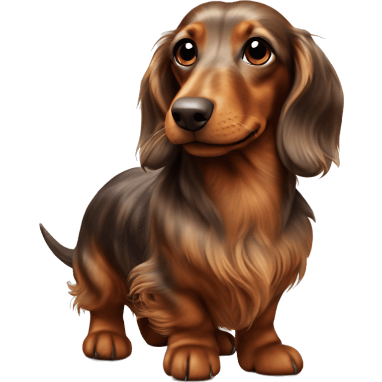 cheerful long-haired brown marble dachshund in full height on the side with small ball emoji