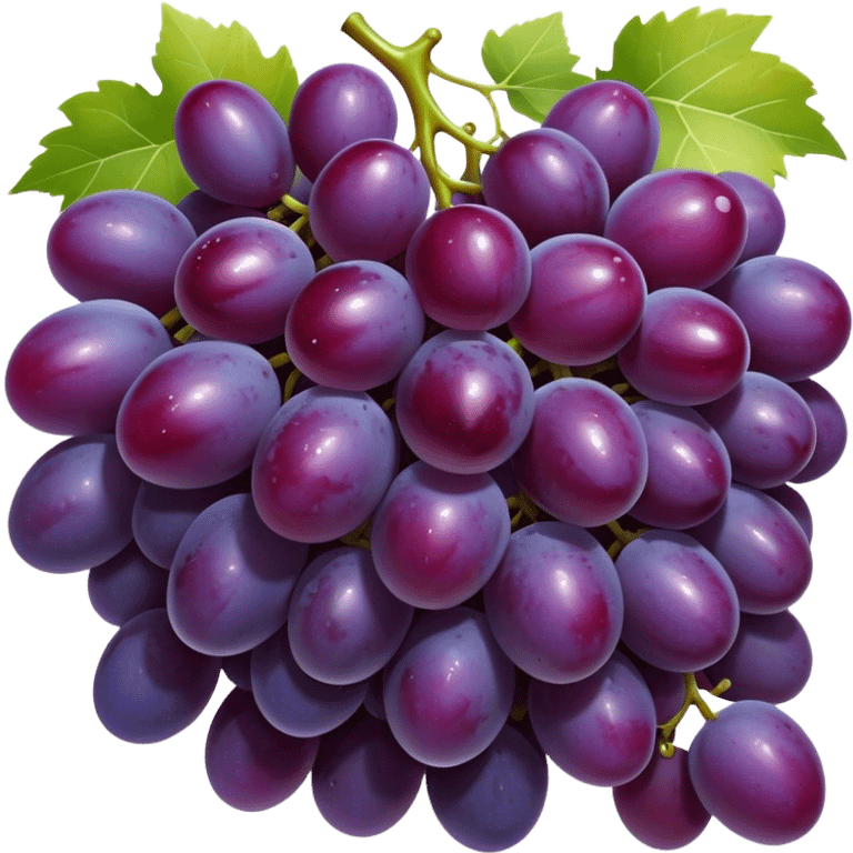 Cinematic glossy purple grapes, plump and dewy, gathered in a beautiful cluster, deep rich hues, ultra-detailed, fresh and juicy, soft glowing light. emoji