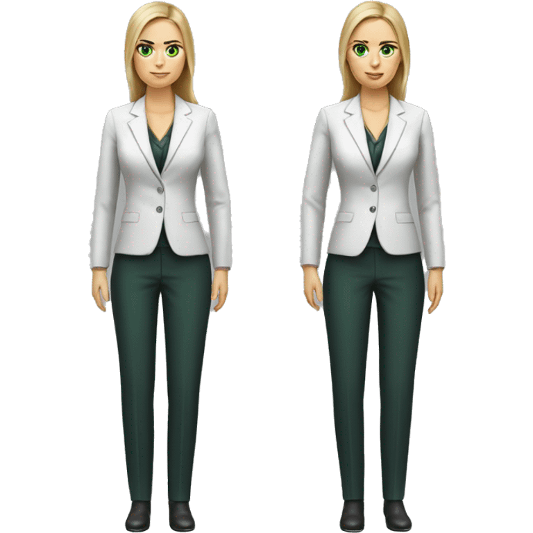 Russian woman 35 years old with green eyes full length in suit photorealistic serious emoji