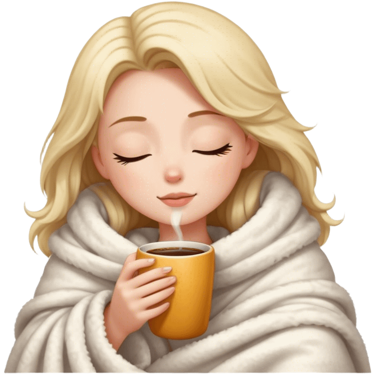 girl inside a blanket sipping coffee eyes closed emoji