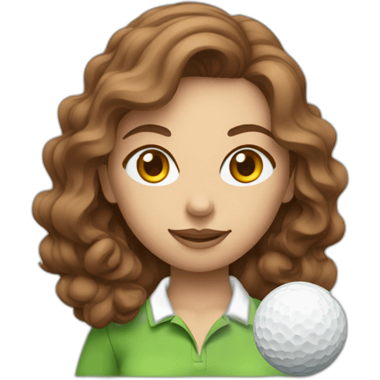 female with brown wavy hair dressed in golfwear holding golf ball emoji