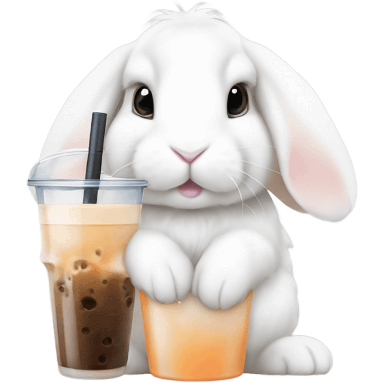 White mini lop rabbit drinking boba tea emoji