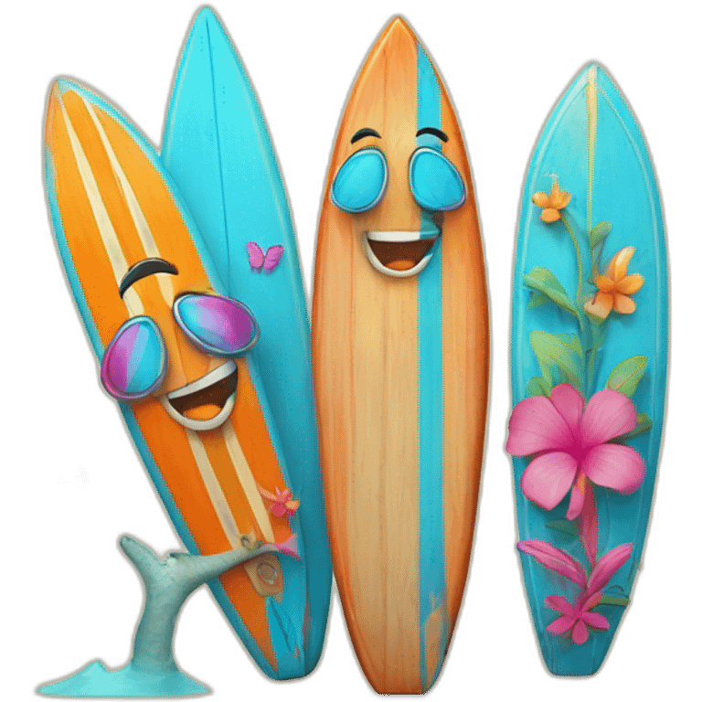 A surfboard Cartoon Blue and orange tiki smiling with butterfly and and Cartoon Blue and pink tiki singing with butterfly and mikrophone emoji