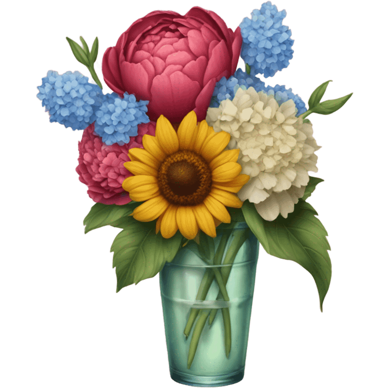 A tattoo of a  carnation, peony, hydrangeas, tulips, margarita, sunflower  emoji