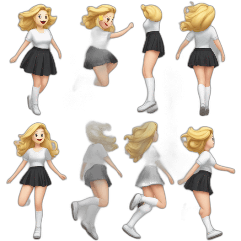 alistic-full-body-caucasian-curvy-beauty-jumping-short black-skirt-back-and-front-views-strong-wind-knickers-long-white-socks emoji