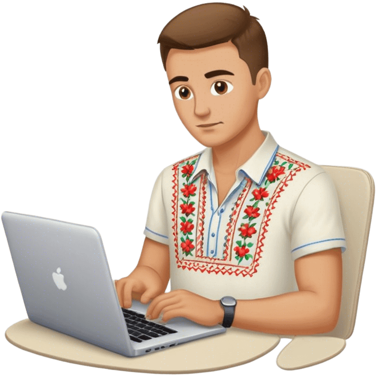 A Ukrainian guy in an embroidered shirt works at his laptop emoji